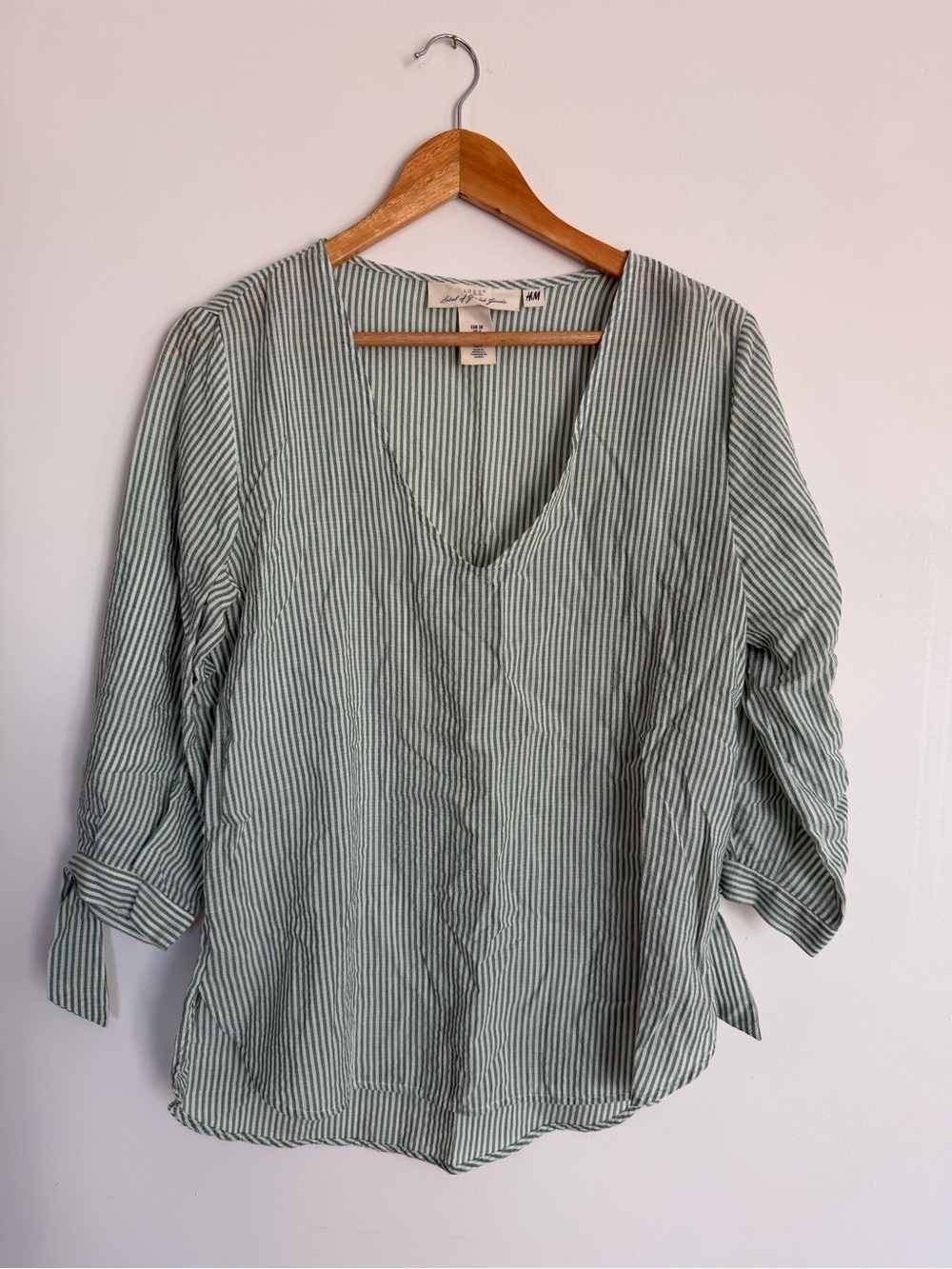 H&M Green & White Striped Blouse | Linen Blend Look | Tie Sleeve Top | Size 4